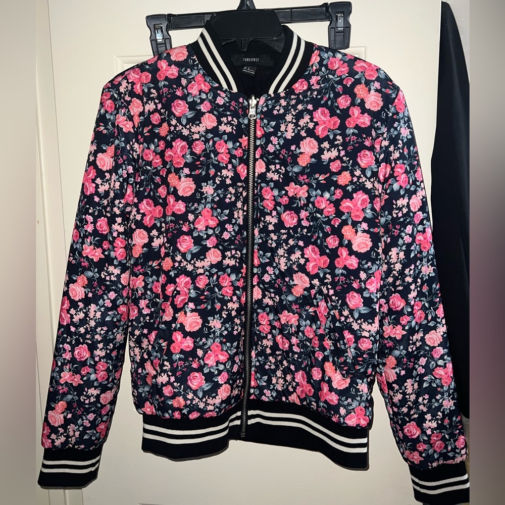 Floral Bomber Jacket with Pink and Black Design